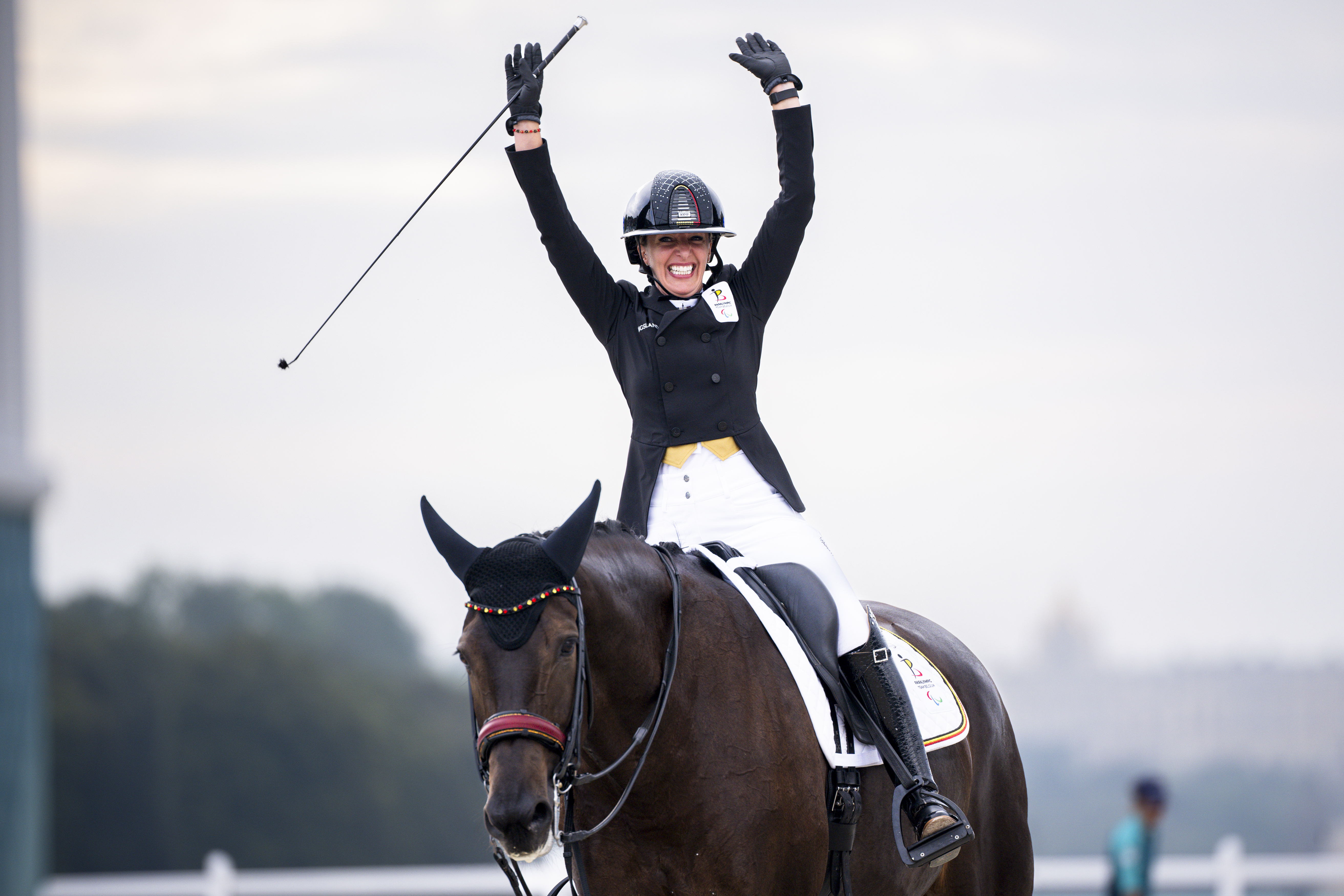 Belgian Manon Claeys reacts after the Dressage Grade IV, Grand Prix Freestyle Test equestrian event, on day 11 of the 2024 Summer Paralympic Games in Paris, France on Saturday 07 September 2024. The 17th Paralympics are taking place from 28 August to 8 September 2024 in Paris. BELGA PHOTO LAURIE DIEFFEMBACQ